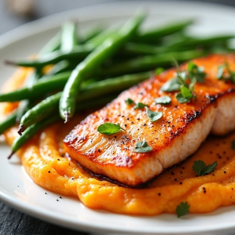 Seared Salmon with Garlic Green Beans and Sweet Potato Mash