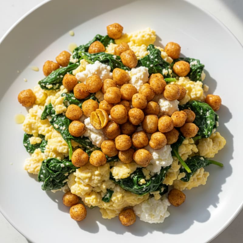 Cottage Cheese Scramble with Spinach and Roasted Chickpeas