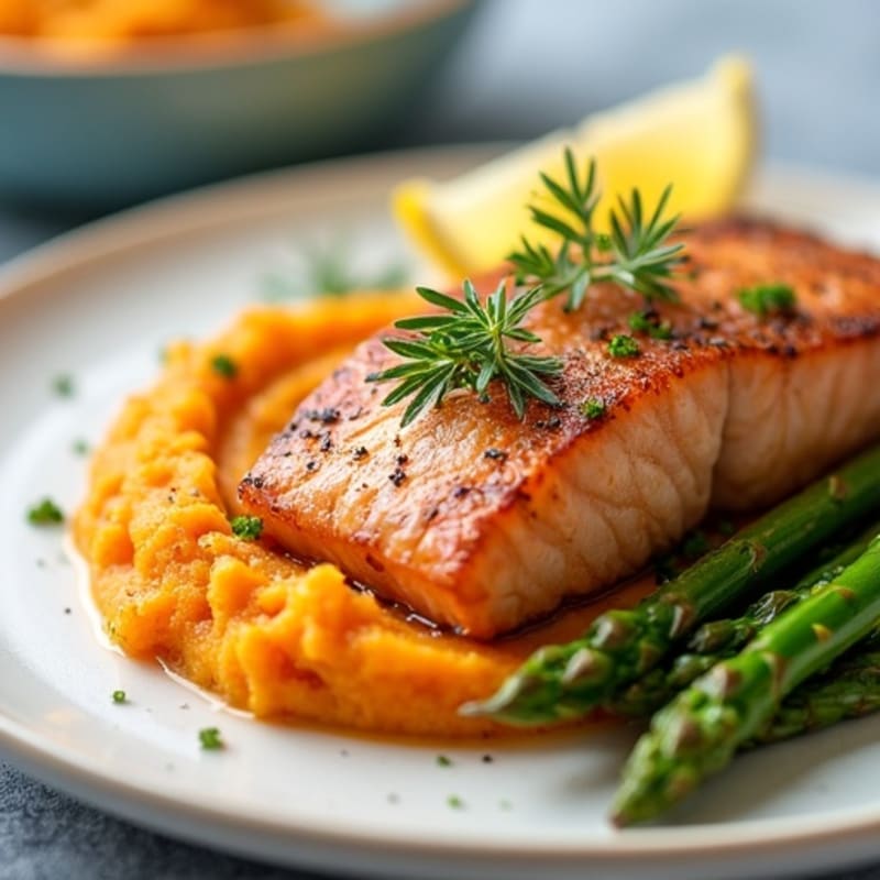 Seared Salmon Fillet with Steamed Asparagus and Sweet Potato Mash