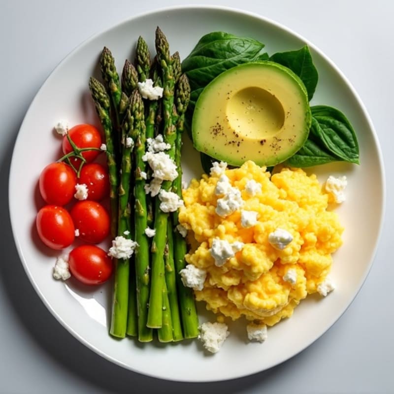 Fluffy Scrambled Eggs with Roasted Asparagus and Sliced Avocado