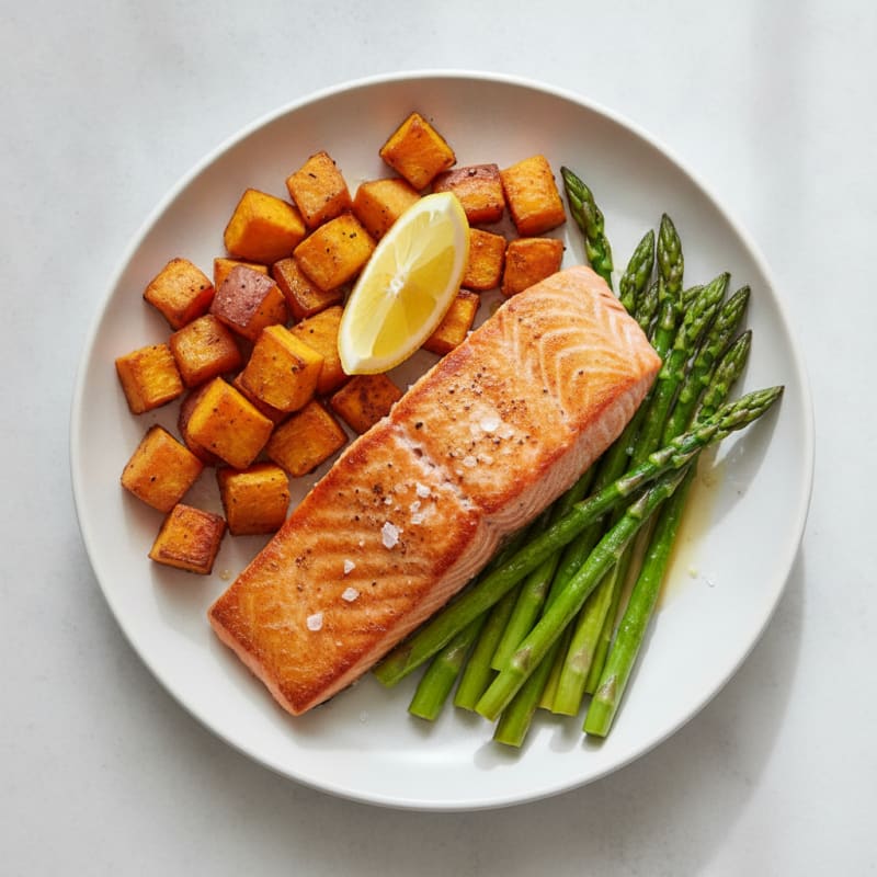 Seared Salmon with Roasted Sweet Potatoes and Asparagus