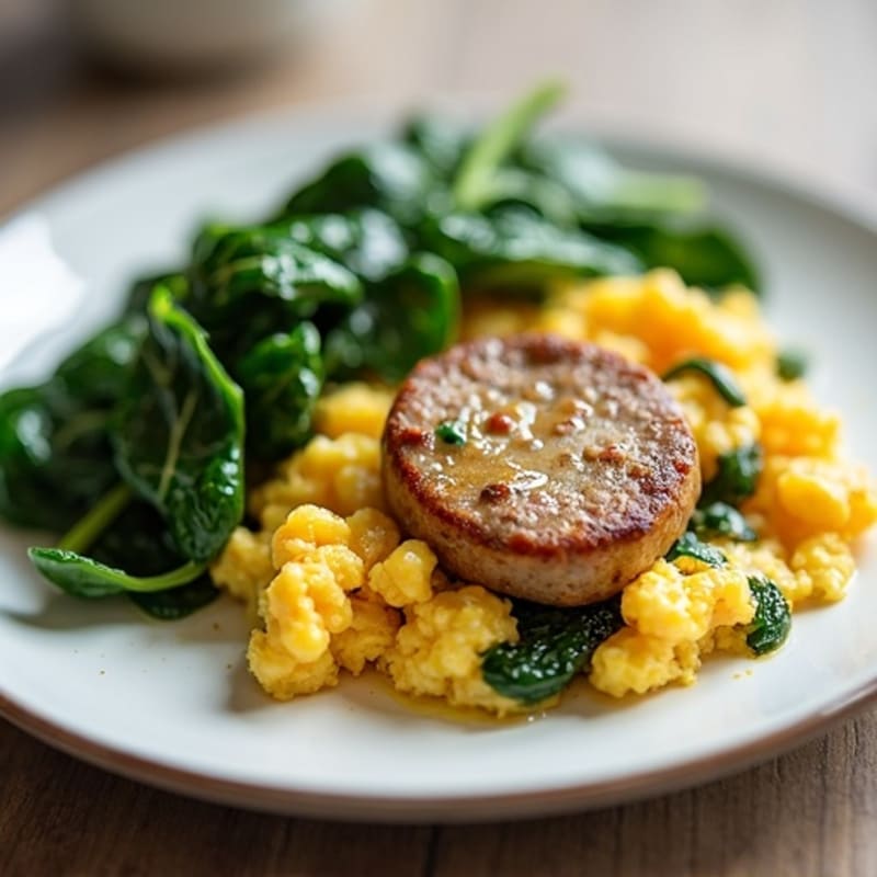 Egg and Chicken Sausage Scramble with Sautéed Spinach