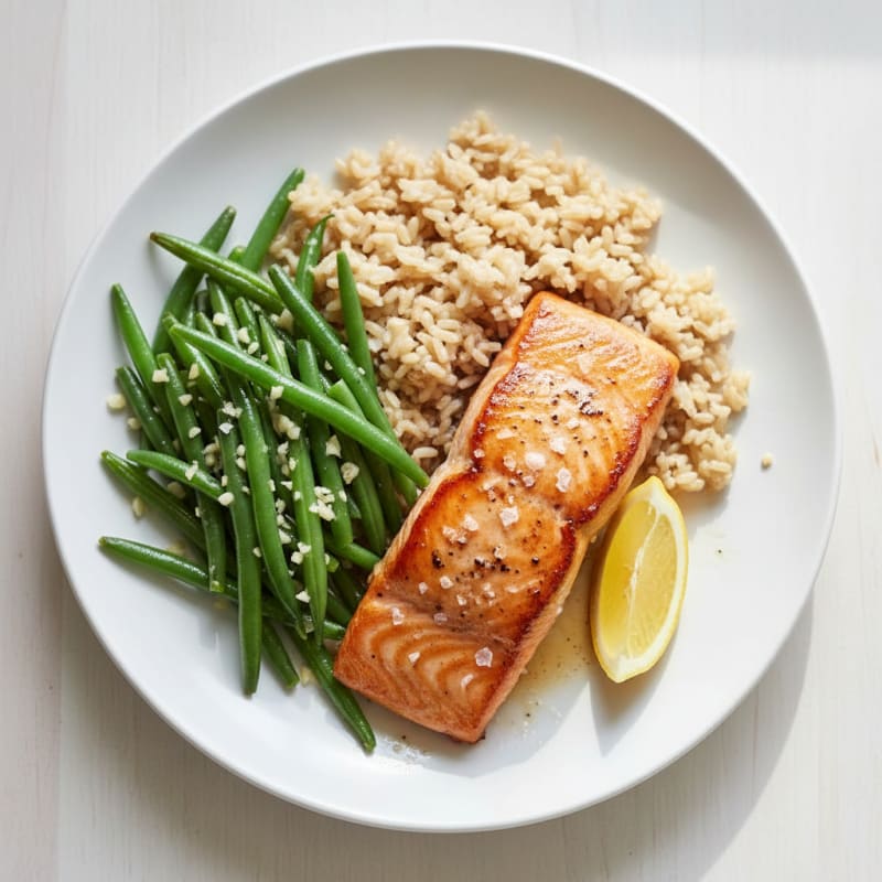 Seared Salmon with Garlic Green Beans and Brown Rice