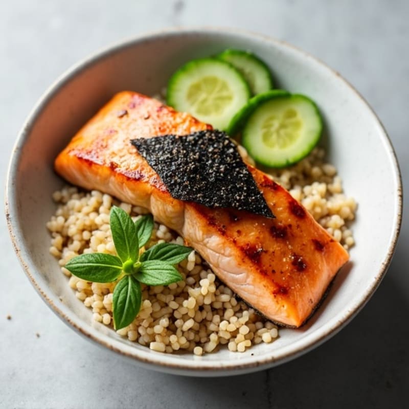 Pan-Seared Salmon Rice Bowl with Fresh Avocado, Cucumber, and Crispy Nori