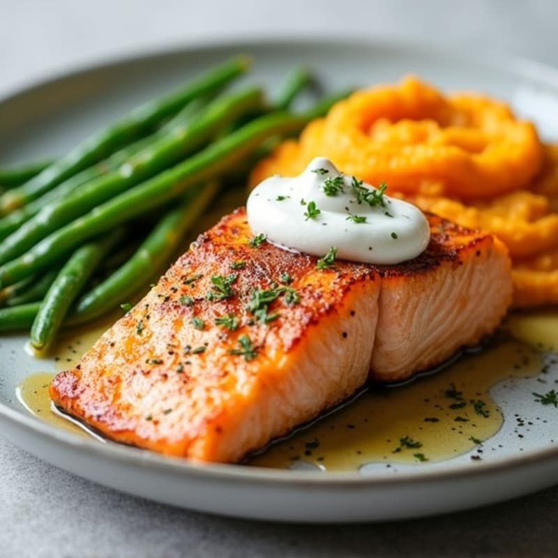 Seared Salmon Fillet with Garlic Green Beans and Mashed Sweet Potatoes