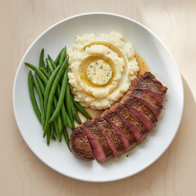 Seared Lean Beef Steak with Steamed Green Beans and Mashed Cauliflower