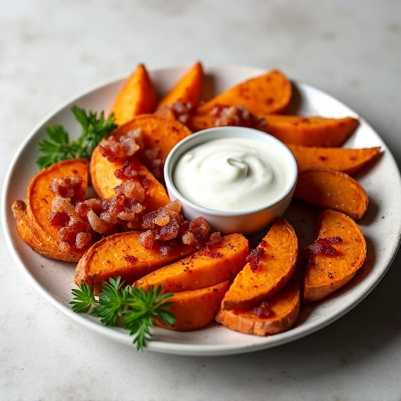 Crispy Sweet Potato Wedges with Turkey Bacon Crumbles
