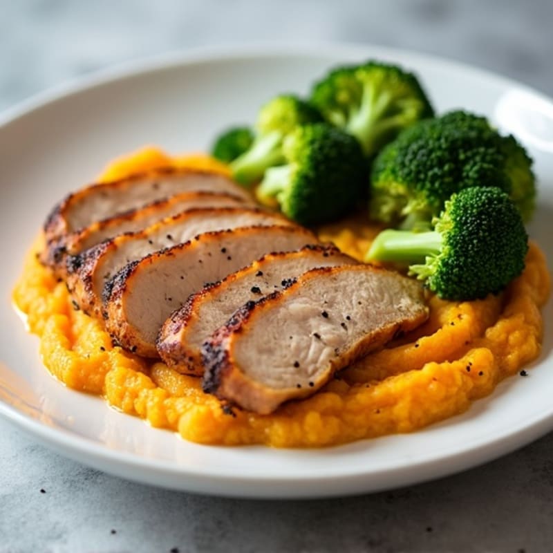 Seared Turkey Breast with Steamed Broccoli and Sweet Potato Mash