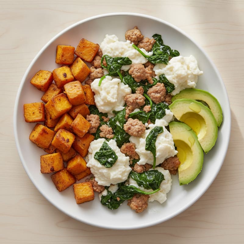 Egg White and Turkey Sausage Scramble with Sautéed Spinach