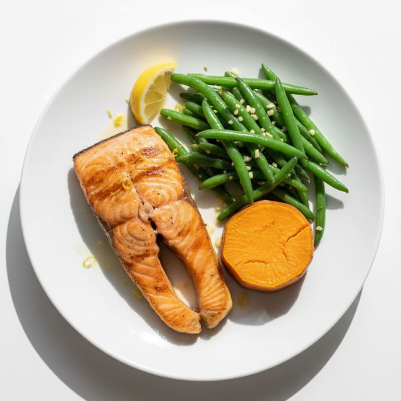 Seared Salmon with Garlic Green Beans and Steamed Sweet Potato