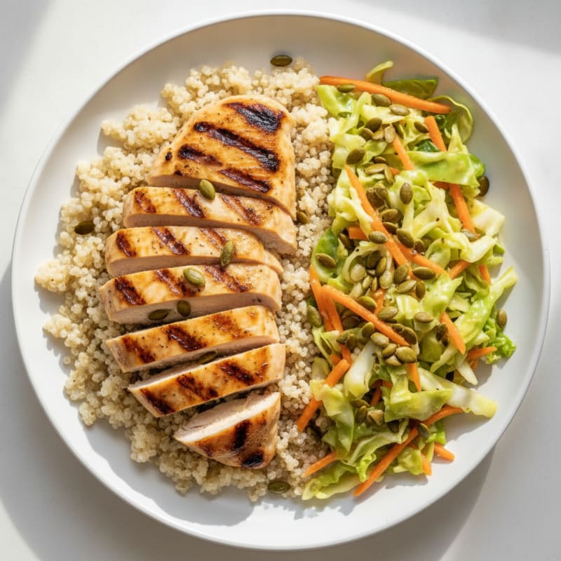 Grilled Chicken Breast with Crunchy Cabbage Slaw and Quinoa