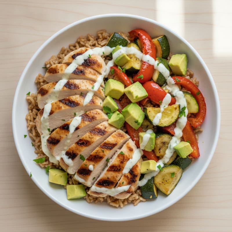 Grilled Chicken Rice Bowl with Avocado and Roasted Vegetables