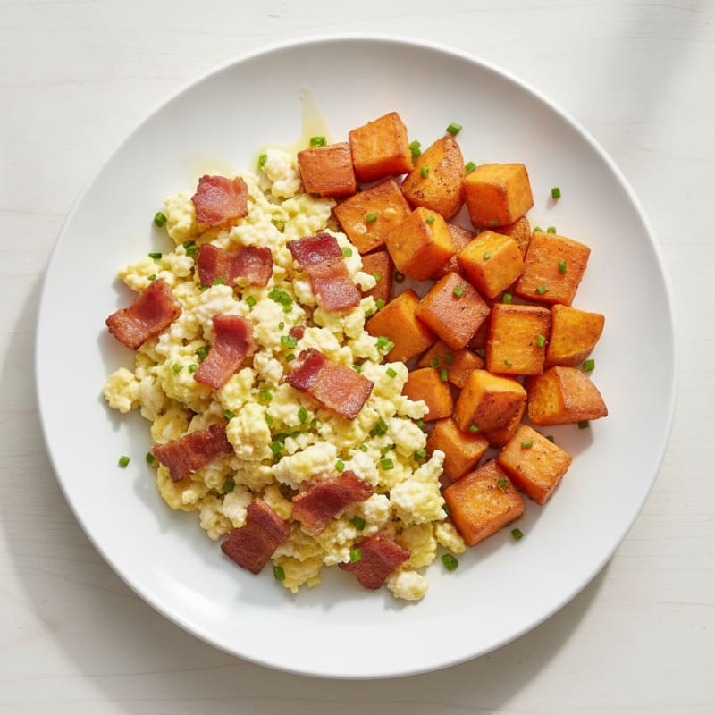 Egg and Turkey Bacon Scramble with Roasted Sweet Potatoes
