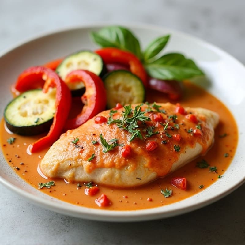 Creamy Spiced Tomato Chicken with Roasted Vegetables