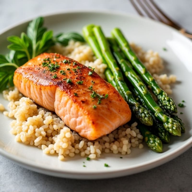 Seared Salmon with Steamed Asparagus and Brown Rice