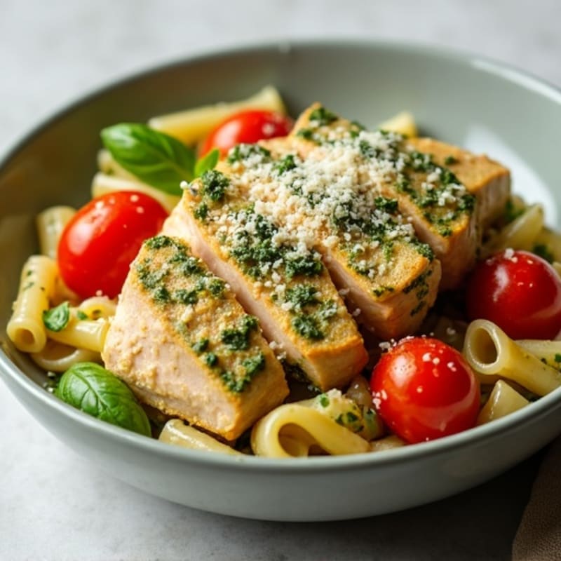 Creamy Pesto Chicken Pasta with Roasted Cherry Tomatoes