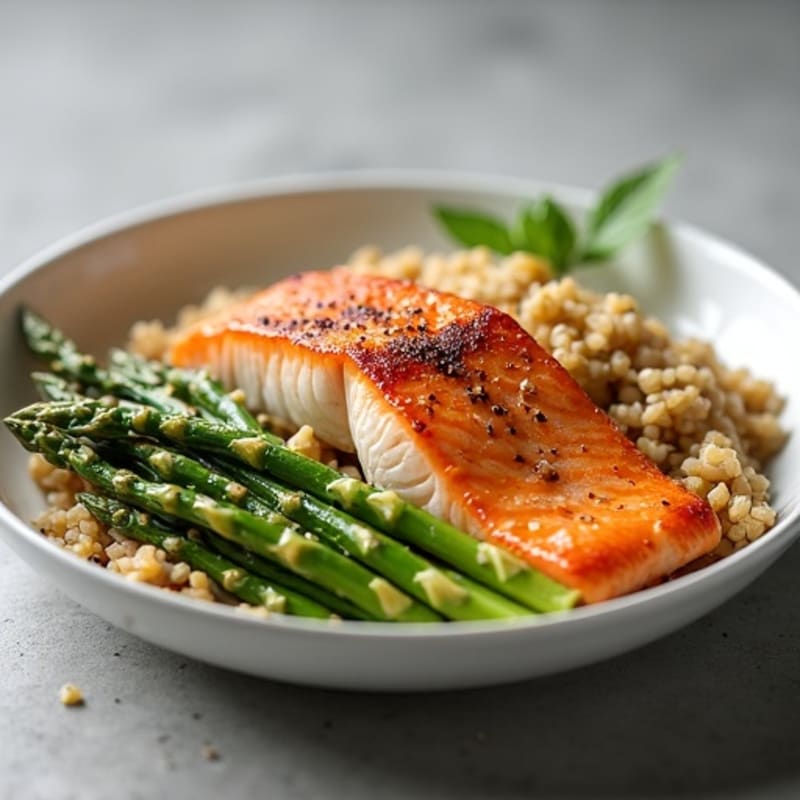 Seared Salmon with Steamed Asparagus and Brown Rice