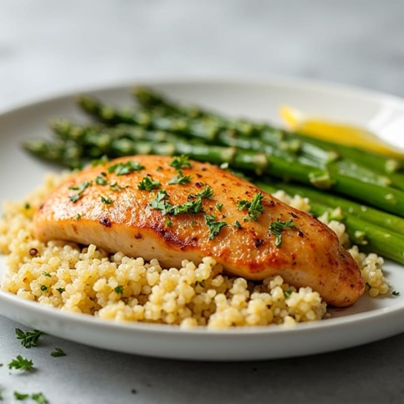 Pan-Seared Lemon Herb Chicken Breast with Roasted Asparagus and Quinoa