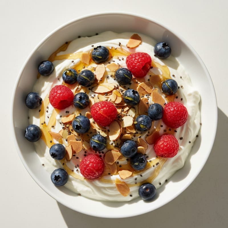 Silky Greek Yogurt Protein Pudding with Fresh Berries and Almonds