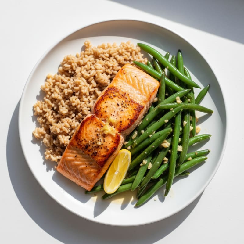 Seared Salmon with Garlic Green Beans and Brown Rice