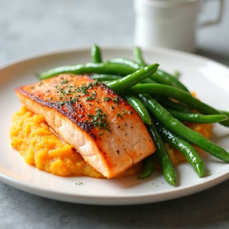 Seared Salmon with Garlic Green Beans and Mashed Sweet Potato