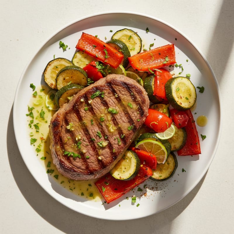 Citrus-Garlic Seared Steak with Roasted Peppers and Zucchini