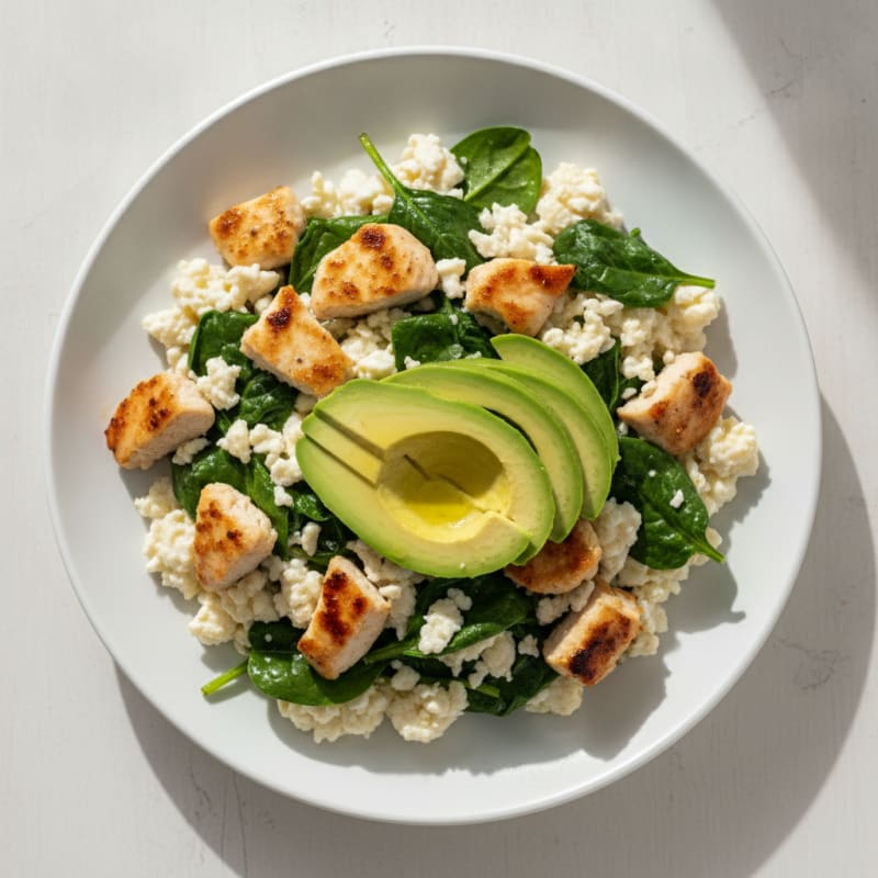 Scrambled Egg Whites with Sautéed Spinach and Grilled Chicken