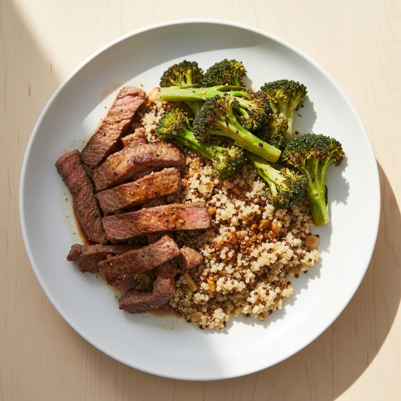 Seared Beef Strips with Roasted Broccoli and Garlic Quinoa