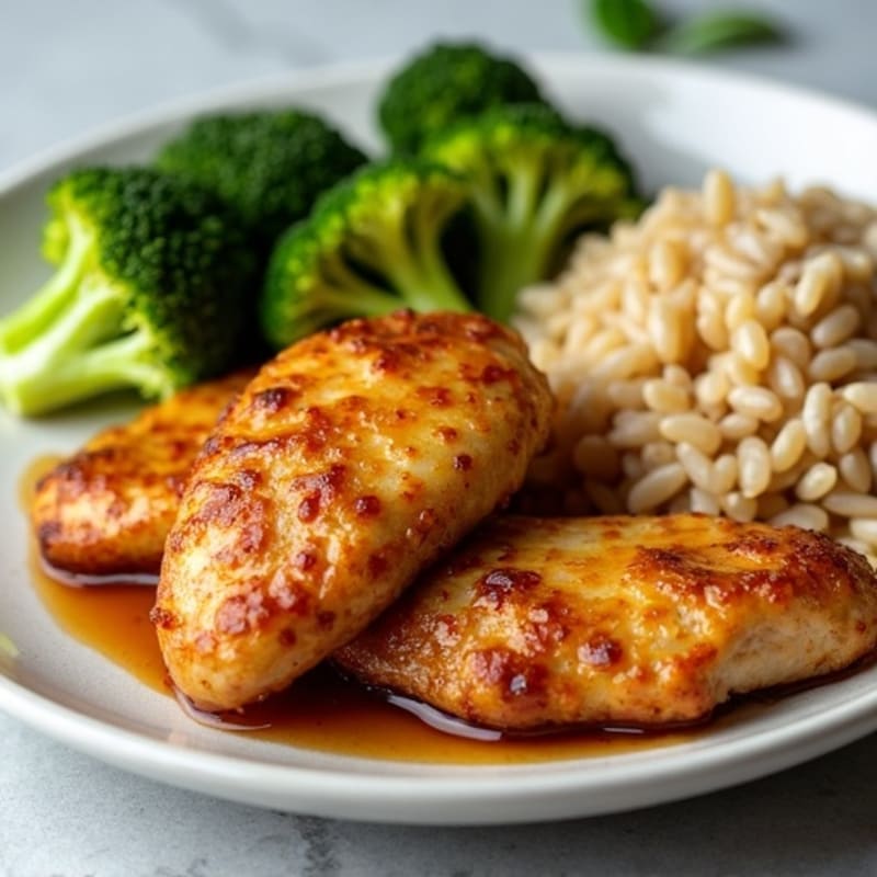 Image showcasing Honey-Garlic Glazed Chicken Tenders with Brown Rice and Roasted Broccoli