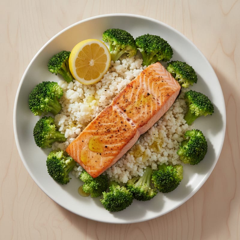 Seared Salmon with Steamed Broccoli and Cauliflower Rice