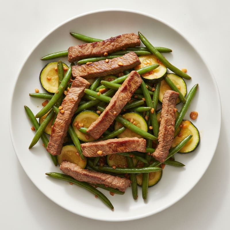 Seared Lean Beef Strips with Garlic Green Beans and Zucchini