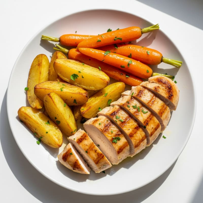 Grilled Chicken Breast with Roasted Potatoes and Steamed Carrots
