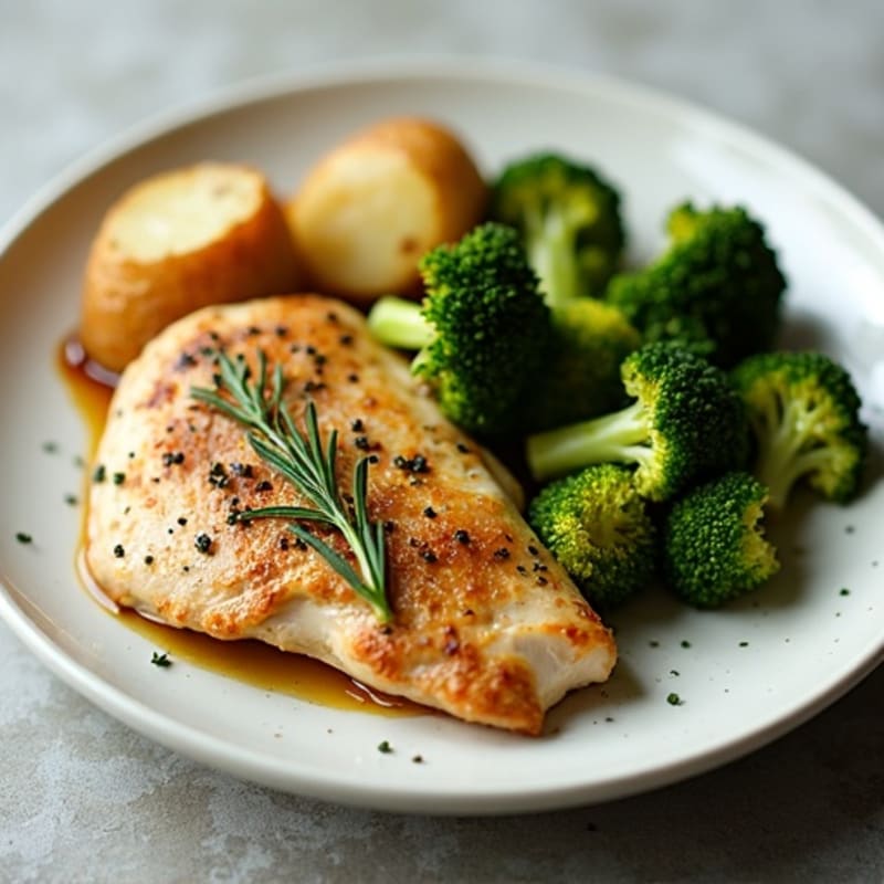Garlic Herb Roasted Chicken with Crispy Broccoli and Potatoes