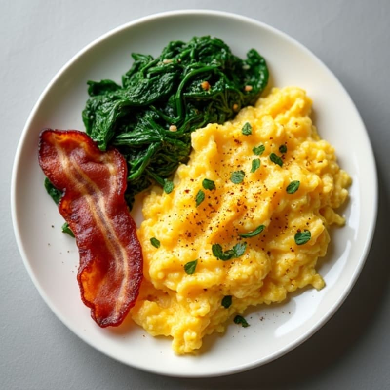 Creamy Scrambled Eggs with Sautéed Spinach and Crispy Turkey Bacon