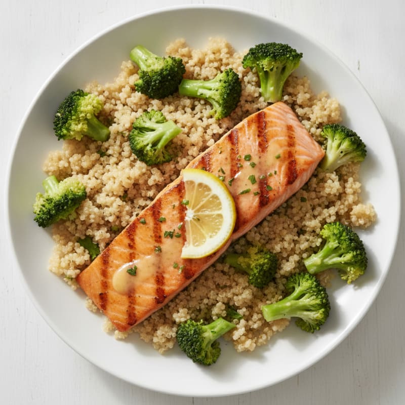 Grilled Salmon with Steamed Broccoli and Quinoa