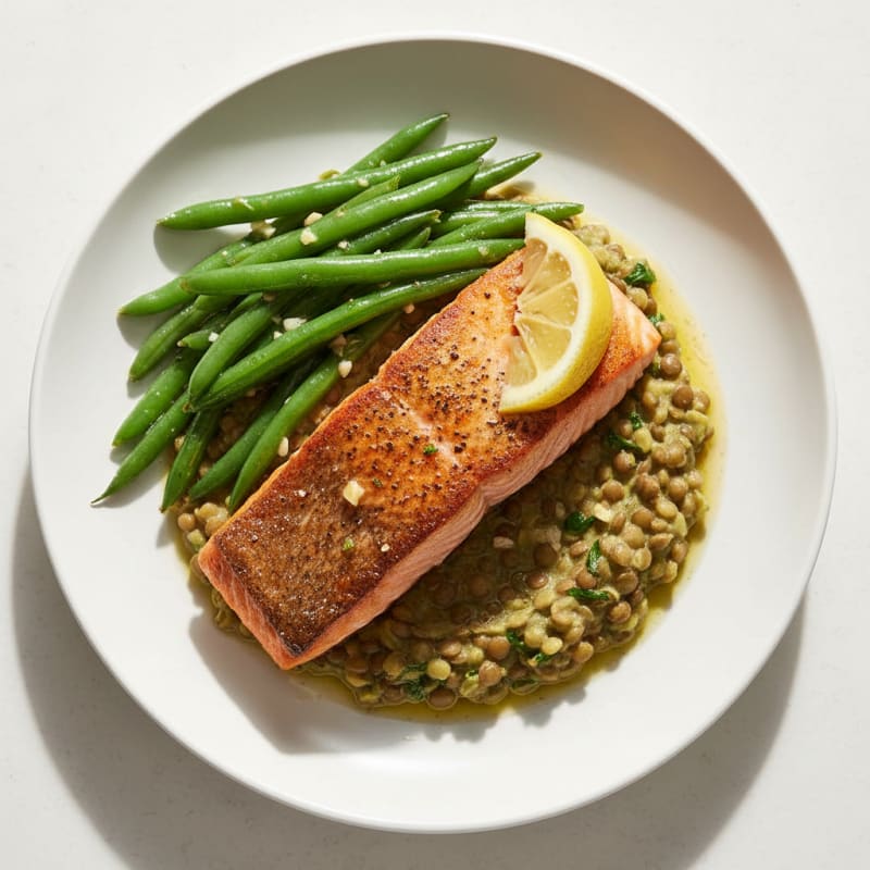 Seared Salmon Fillet with Garlic Green Beans and Lentil Mash