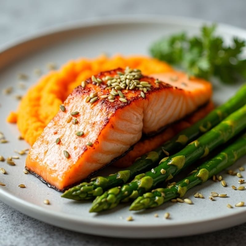 Seared Salmon with Steamed Asparagus and Sweet Potato Mash