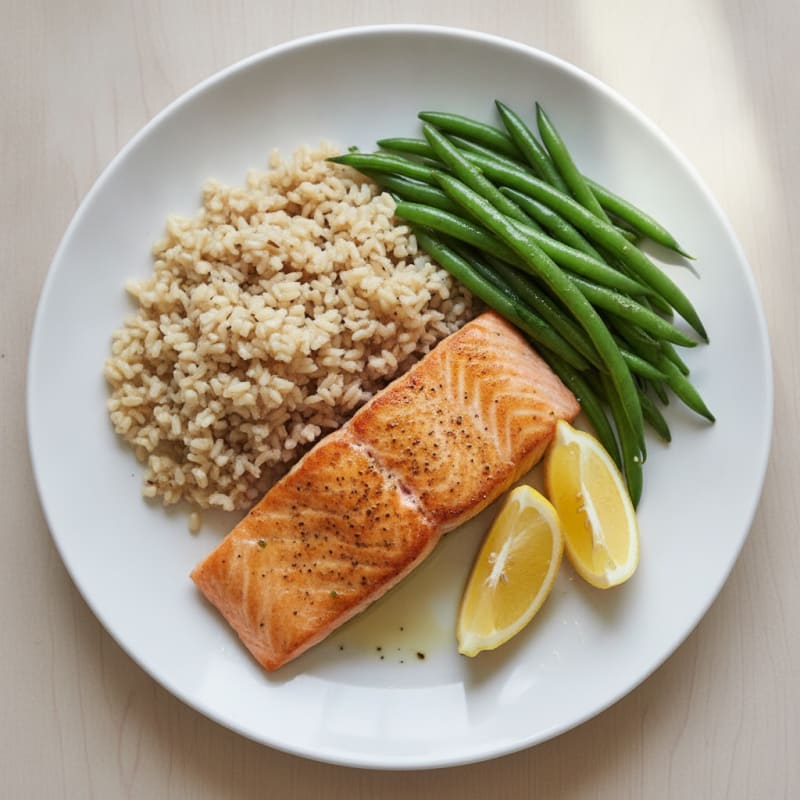 Seared Salmon with Steamed Green Beans and Brown Rice