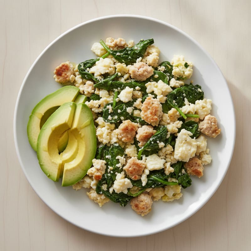 Egg White and Turkey Sausage Scramble with Sautéed Spinach