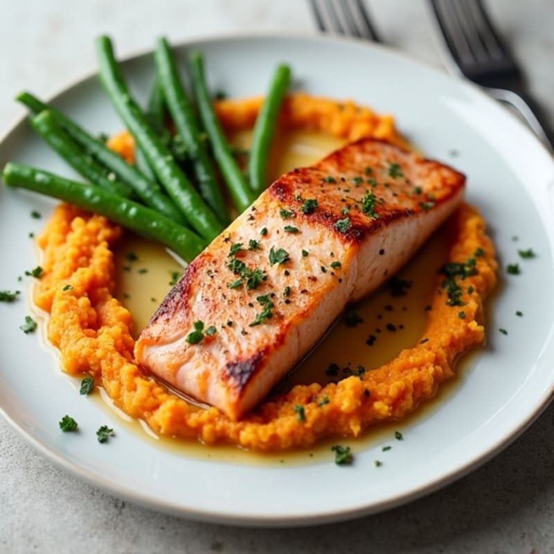 Seared Salmon Fillet with Garlic Green Beans and Sweet Potato Mash