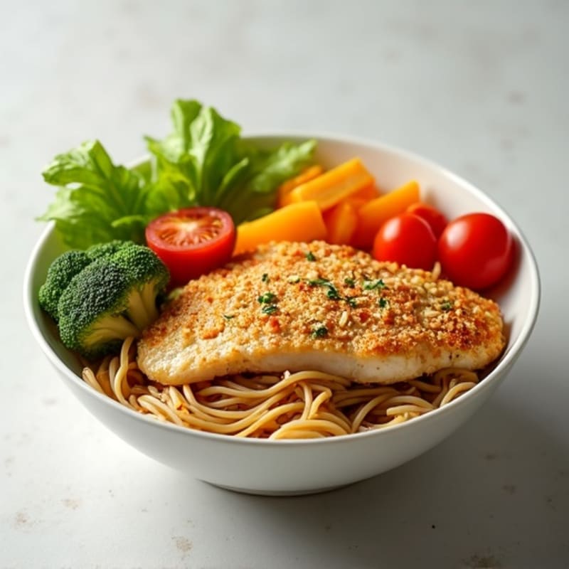 Crispy Chicken and Fresh Vegetable Noodle Bowl