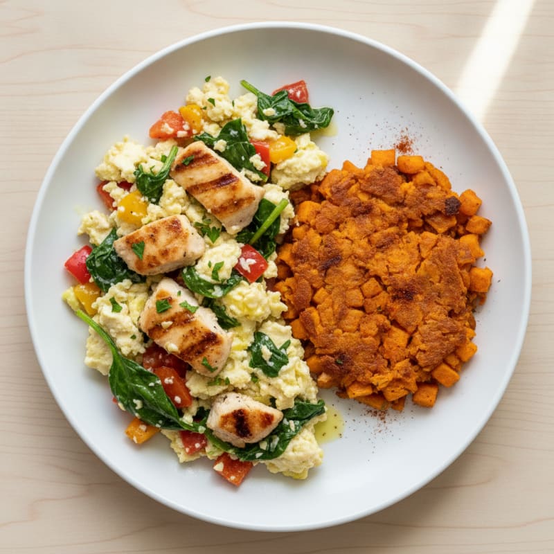 Egg White and Chicken Veggie Scramble with Sweet Potato Hash