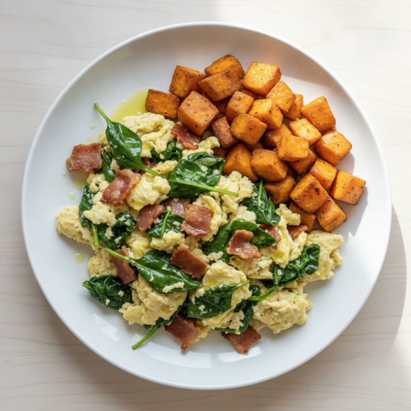 Crispy Turkey Bacon and Egg White Scramble with Sautéed Spinach and Sweet Potato