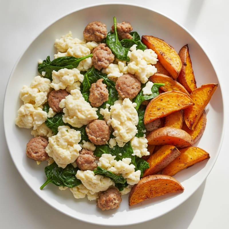 Egg White and Turkey Sausage Scramble with Spinach and Roasted Sweet Potato