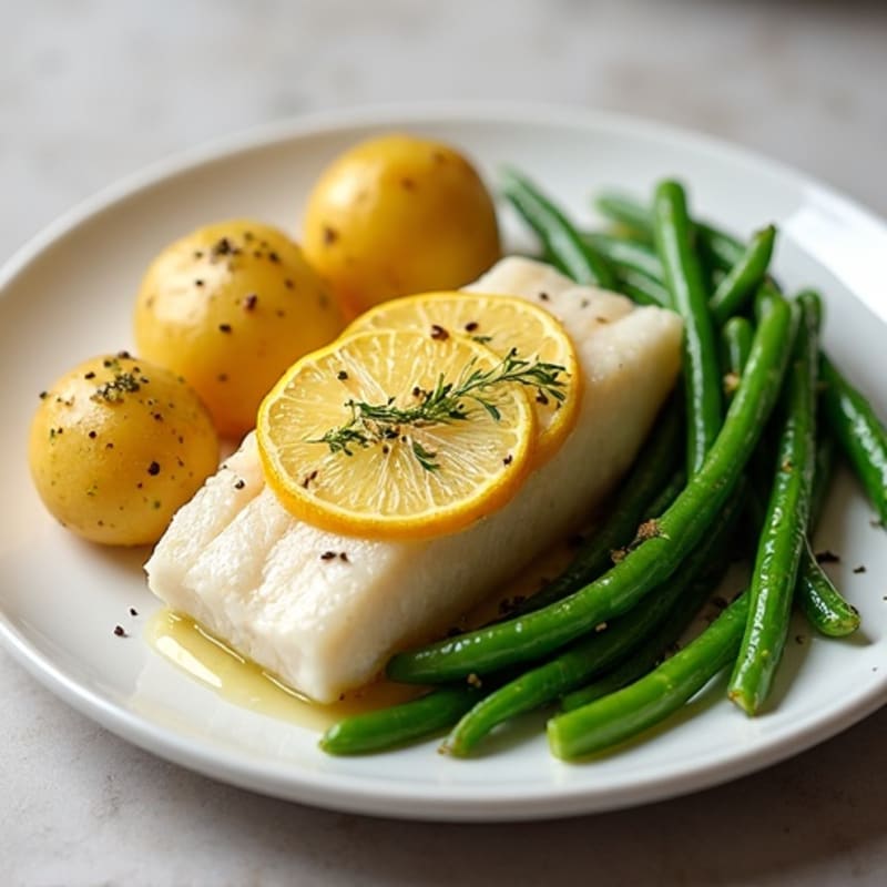 Oven-Baked Lemon Garlic Cod with Steamed Green Beans and Baby Potatoes