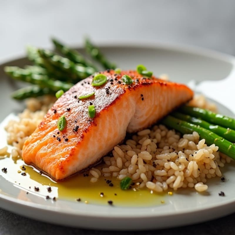 Seared Salmon with Steamed Asparagus and Brown Rice