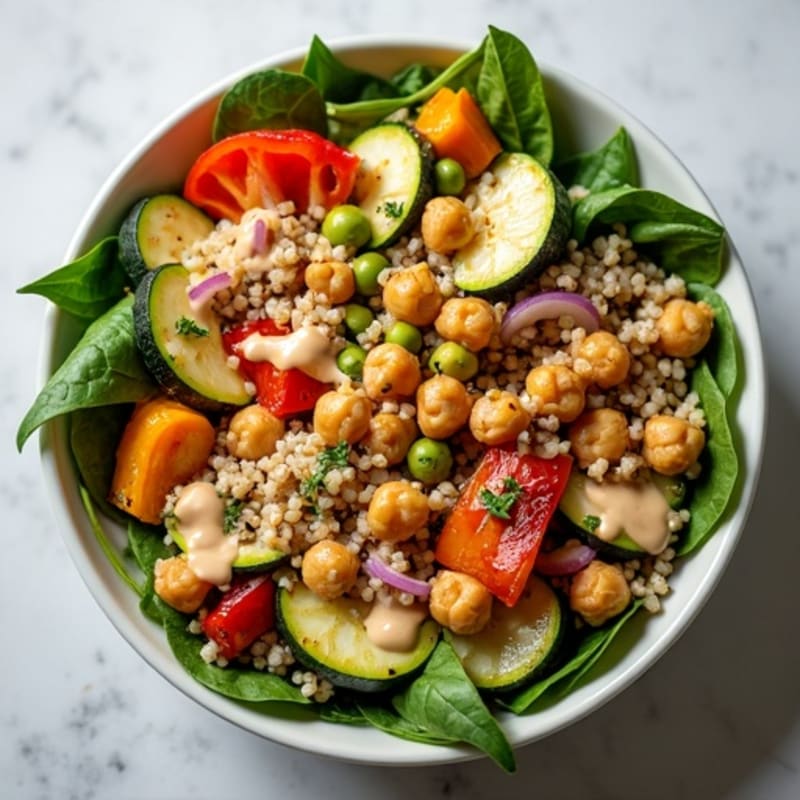Crispy Chickpea and Roasted Vegetable Quinoa Bowl with Creamy Lemon-Tahini Dressing