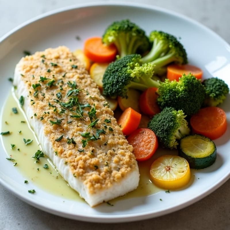 Herb-Crusted Baked White Fish with Roasted Vegetables