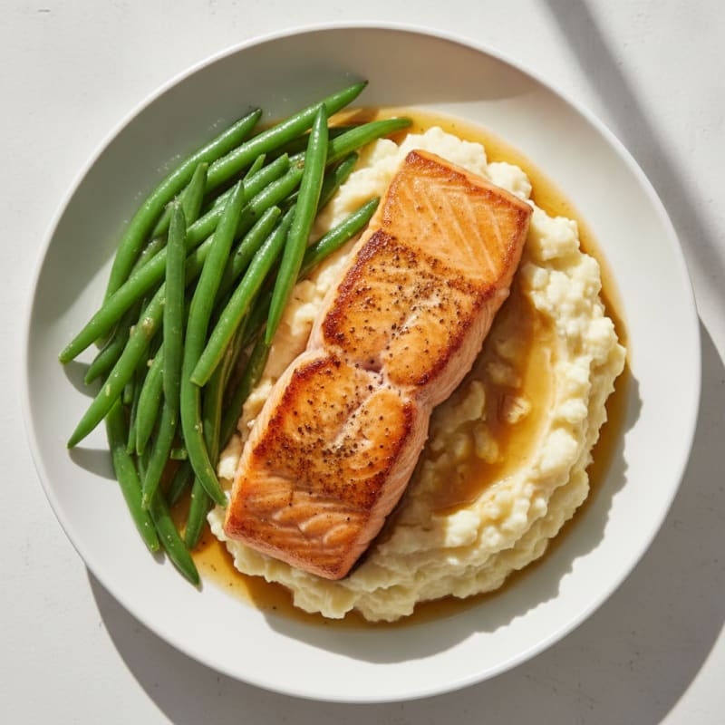 Seared Salmon Fillet with Steamed Green Beans and Garlic Mashed Cauliflower