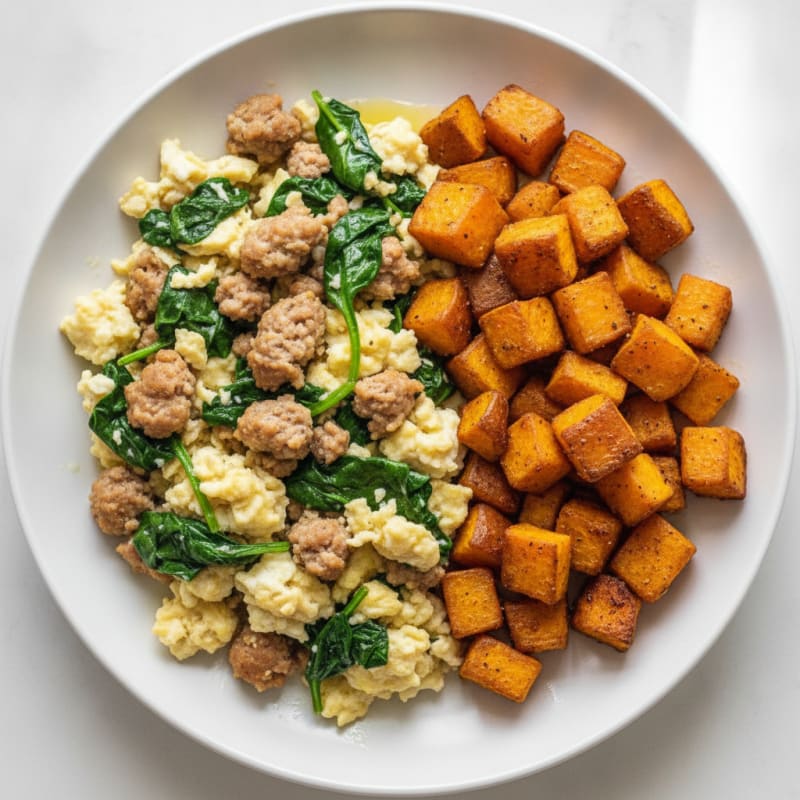 Egg White and Turkey Sausage Scramble with Spinach and Roasted Sweet Potatoes